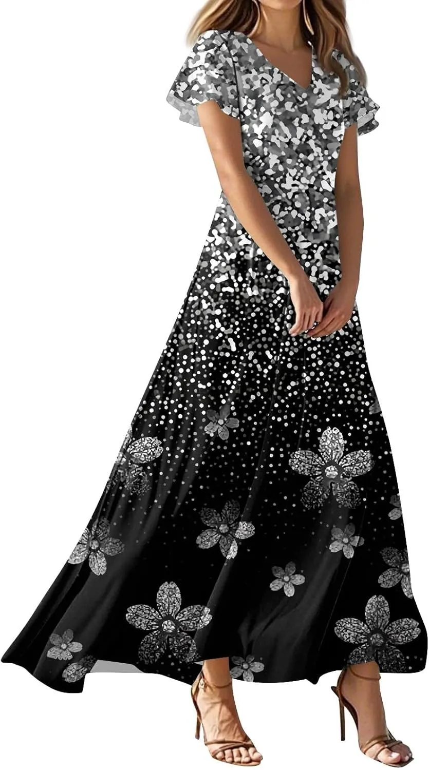 Summer Dresses for Women 2025 Trendy Floral Short Sleeve Maxi Dress V Neck Flowy Casual Work Dress Church Wedding Guest