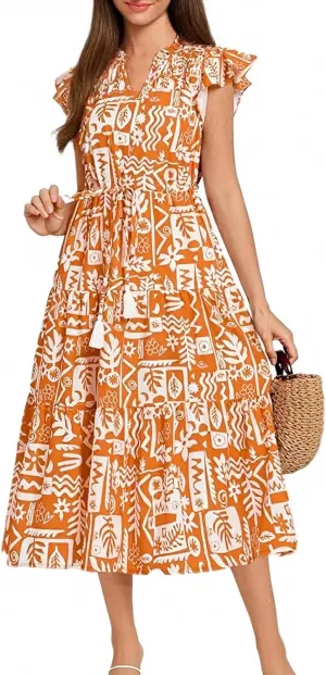 Summer Dresses for Women 2025 Waist Tie Short Sleeve Smocked Floral Print Casual Dress