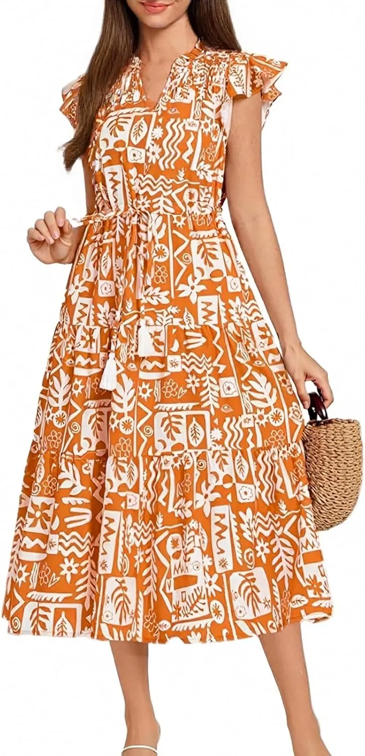 Summer Dresses for Women 2025 Waist Tie Short Sleeve Smocked Floral Print Casual Dress