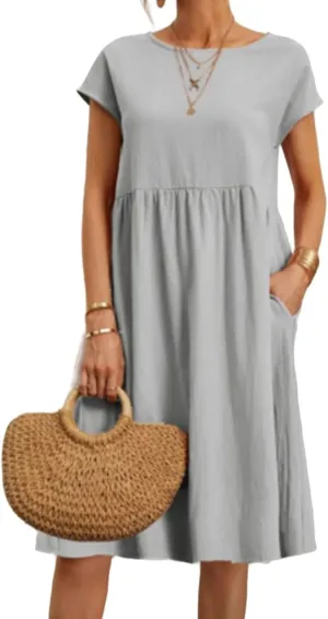 Summer Dresses for Women Cotton Linen Short Sleeve Crewneck Ruffle Waist Midi Dress A Line Loose Fit Sundress 2025
