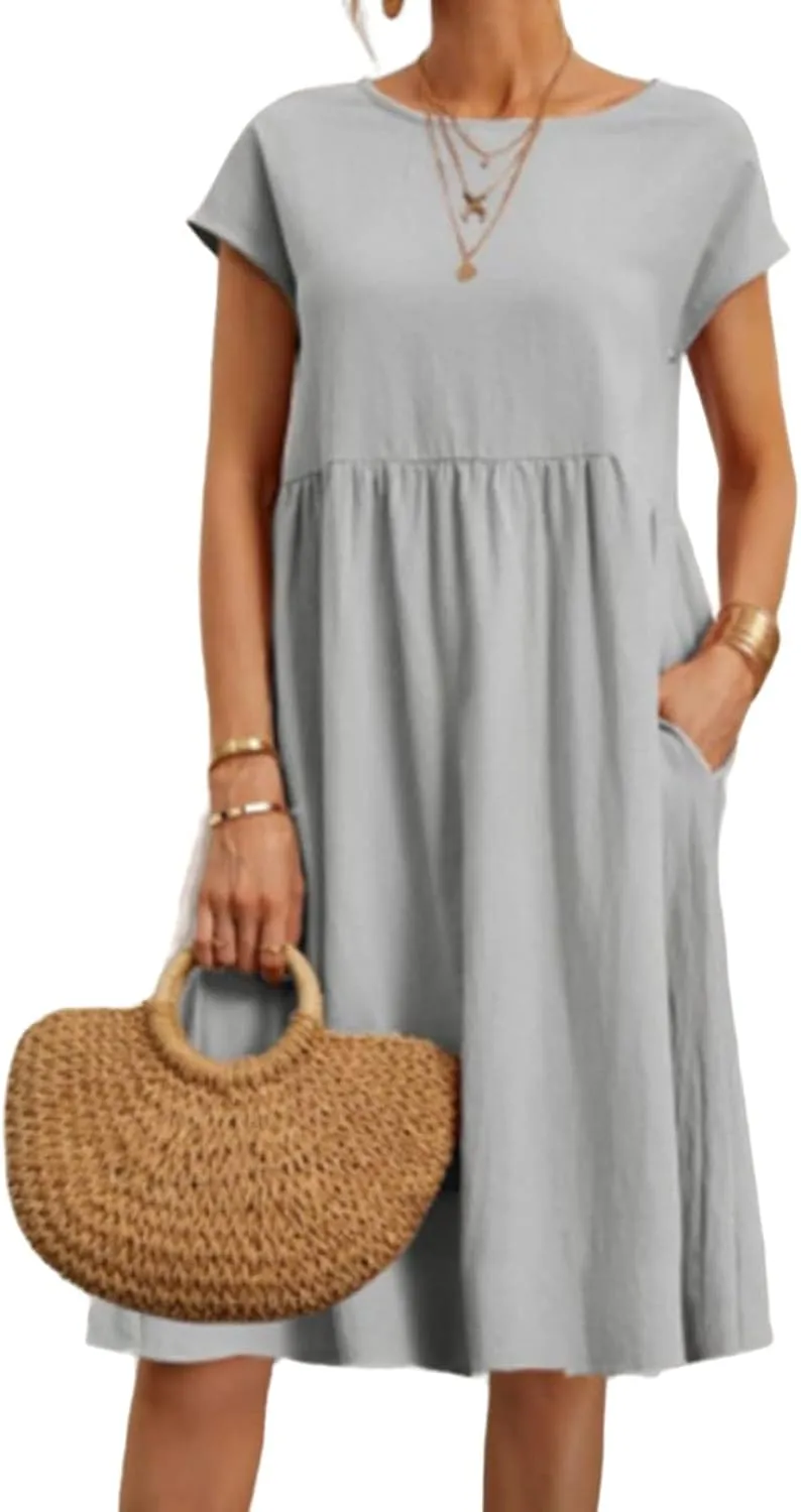 Summer Dresses for Women Cotton Linen Short Sleeve Crewneck Ruffle Waist Midi Dress A Line Loose Fit Sundress 2025