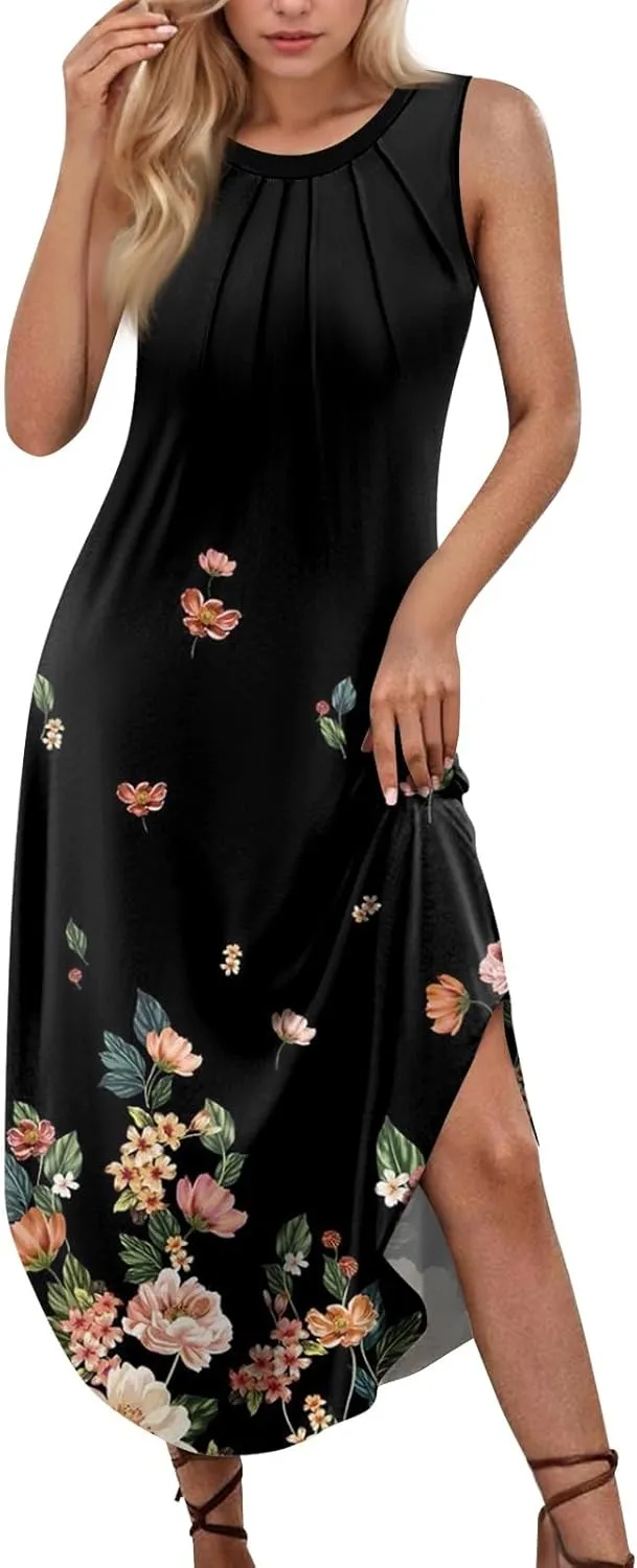 Summer Dresses for Women Loose Sundresses printedFlowy Tshirt Tank Dresses Casual Sleeveless Maxi Long Dress with Pockets