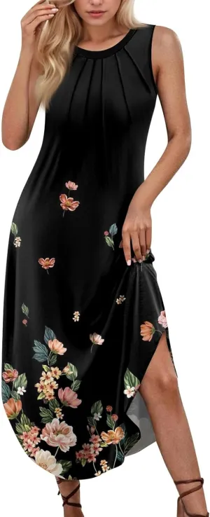 Summer Dresses for Women Loose Sundresses printedFlowy Tshirt Tank Dresses Casual Sleeveless Maxi Long Dress with Pockets