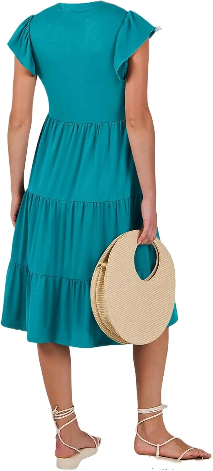 Summer Dresses for Women Ruffle Sleeve V Neck Midi Dresses Casual Fit Flowy Tiered Boho Beach Sundress with Pocket