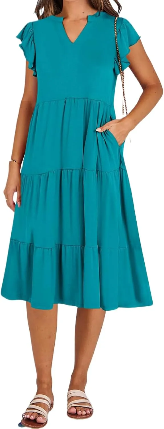 Summer Dresses for Women Ruffle Sleeve V Neck Midi Dresses Casual Fit Flowy Tiered Boho Beach Sundress with Pocket
