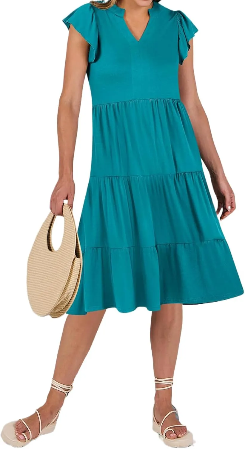 Summer Dresses for Women Ruffle Sleeve V Neck Midi Dresses Casual Fit Flowy Tiered Boho Beach Sundress with Pocket