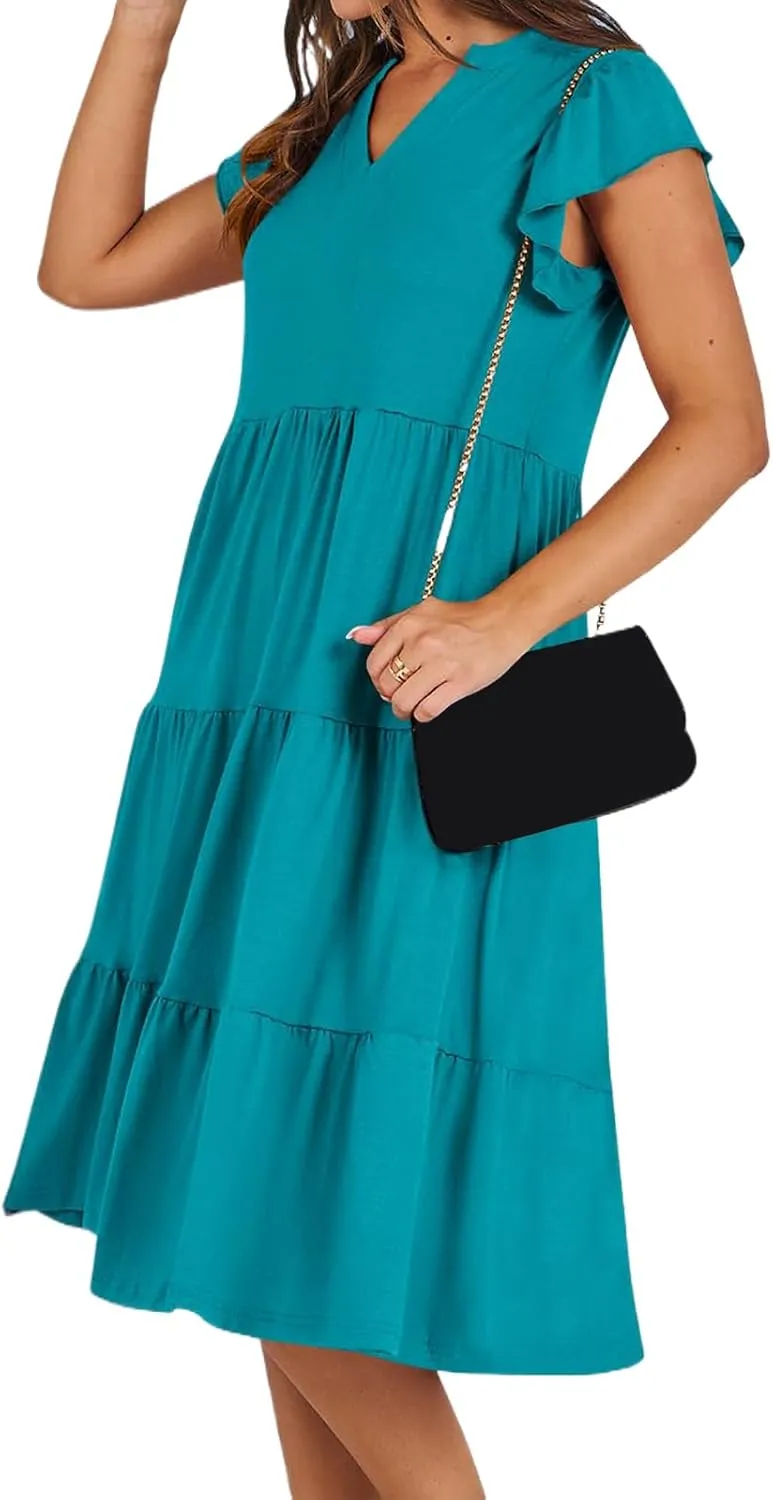 Summer Dresses for Women Ruffle Sleeve V Neck Midi Dresses Casual Fit Flowy Tiered Boho Beach Sundress with Pocket