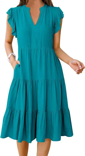 Summer Dresses for Women Ruffle Sleeve V Neck Midi Dresses Casual Fit Flowy Tiered Boho Beach Sundress with Pocket