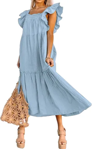 Summer Dresses for Women Square Neck Ruffle Sleeve Maxi Dress Ruffle Floral Fairy Tiered Swing Dresses Sundress 2025