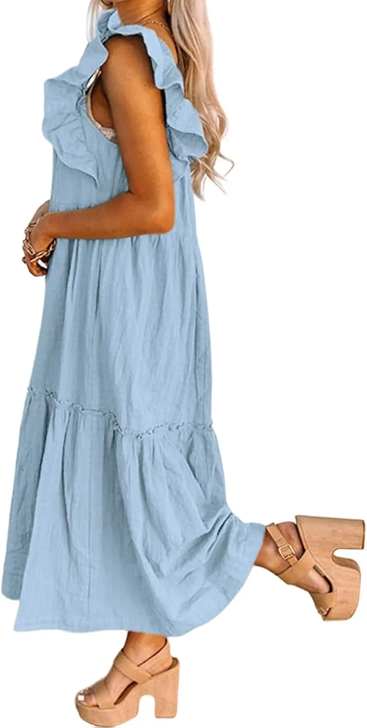 Summer Dresses for Women Square Neck Ruffle Sleeve Maxi Dress Ruffle Floral Fairy Tiered Swing Dresses Sundress 2025