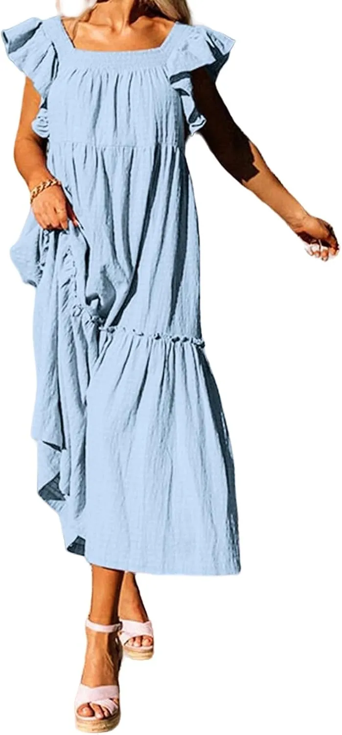 Summer Dresses for Women Square Neck Ruffle Sleeve Maxi Dress Ruffle Floral Fairy Tiered Swing Dresses Sundress 2025