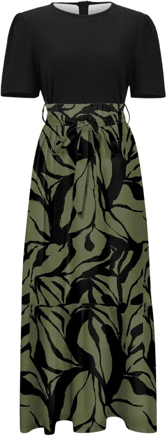 Summer Dresses for Women Tie Belted Patchwork Ruffle Hem a Line Boho Maxi Dress Crewneck Short Sleeve Flowy Long Dress