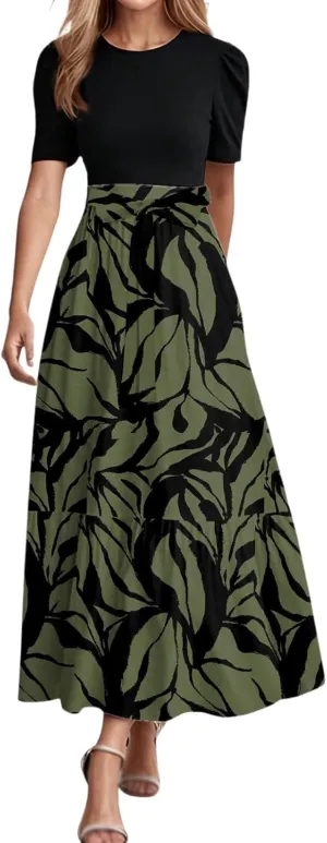 Summer Dresses for Women Tie Belted Patchwork Ruffle Hem a Line Boho Maxi Dress Crewneck Short Sleeve Flowy Long Dress