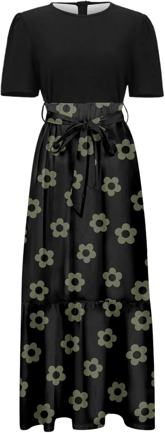 Summer Dresses for Women Tie Belted Patchwork Ruffle Hem a Line Boho Maxi Dress Crewneck Short Sleeve Flowy Long Dress