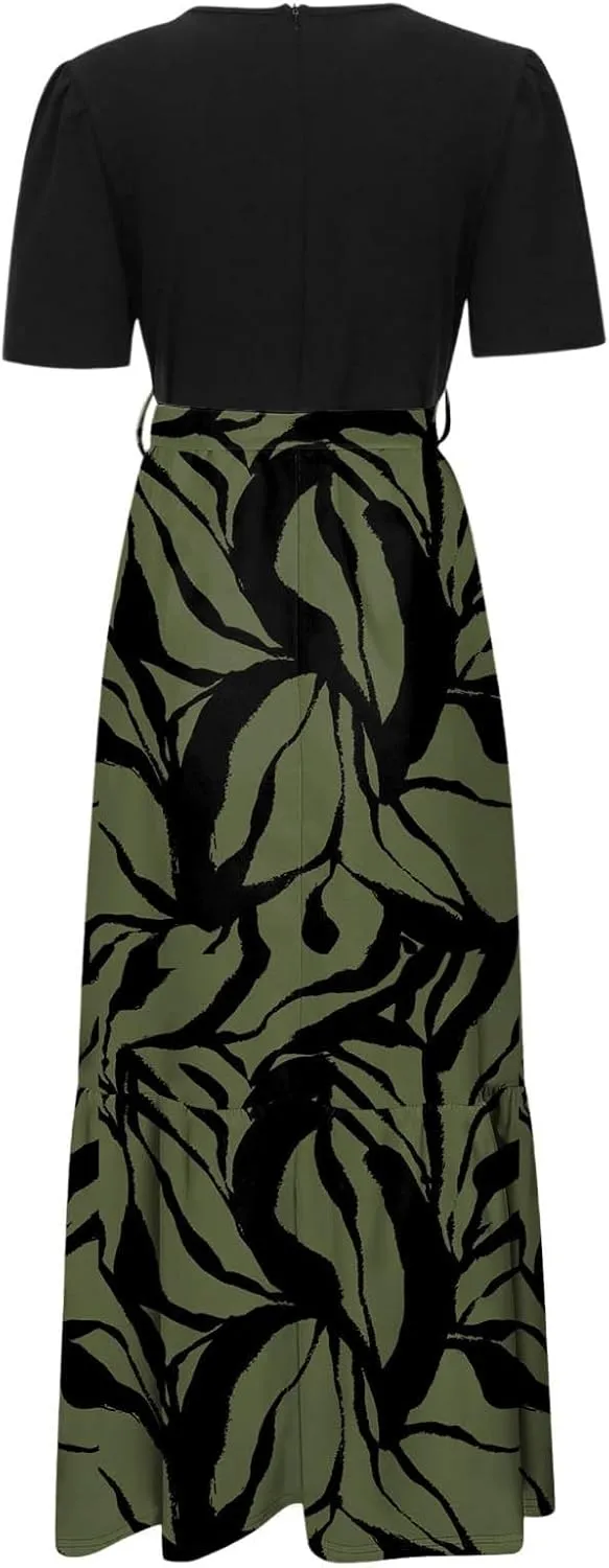 Summer Dresses for Women Tie Belted Patchwork Ruffle Hem a Line Boho Maxi Dress Crewneck Short Sleeve Flowy Long Dress