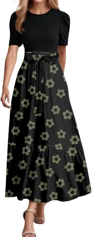 Summer Dresses for Women Tie Belted Patchwork Ruffle Hem a Line Boho Maxi Dress Crewneck Short Sleeve Flowy Long Dress