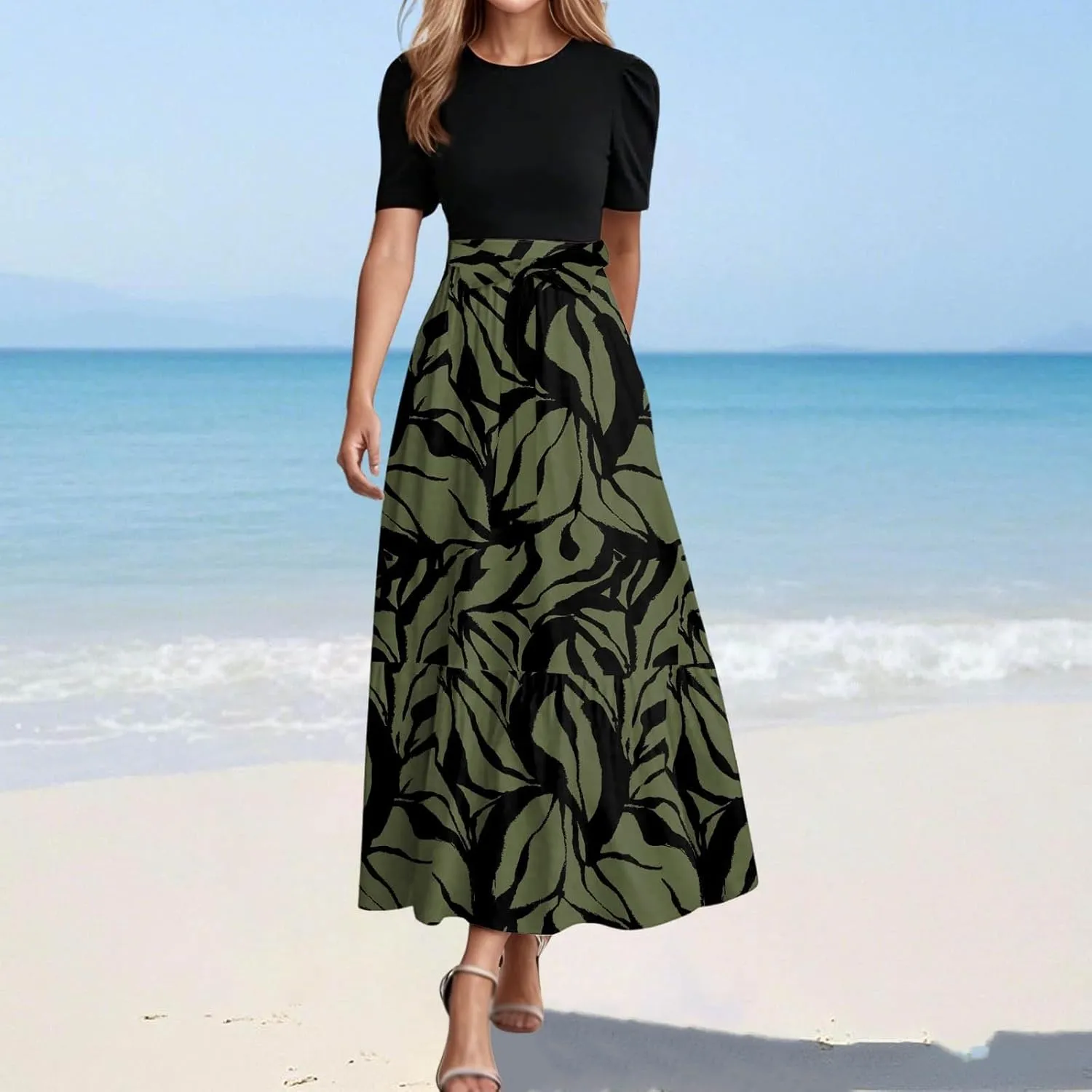 Summer Dresses for Women Tie Belted Patchwork Ruffle Hem a Line Boho Maxi Dress Crewneck Short Sleeve Flowy Long Dress