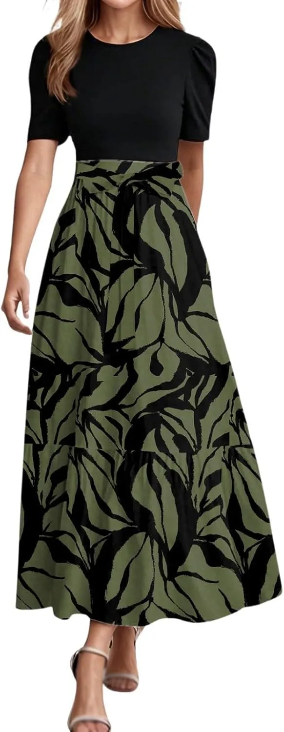 Summer Dresses for Women Tie Belted Patchwork Ruffle Hem a Line Boho Maxi Dress Crewneck Short Sleeve Flowy Long Dress