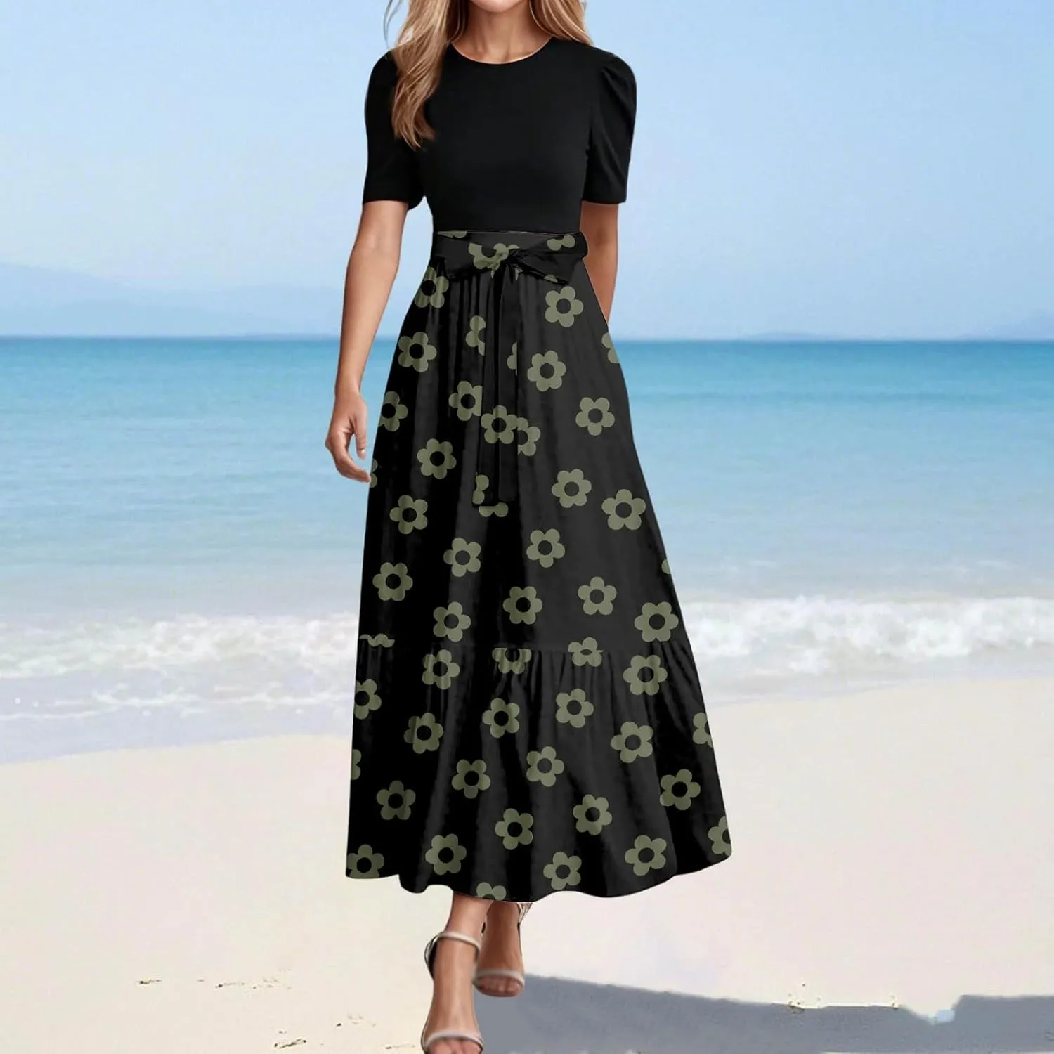 Summer Dresses for Women Tie Belted Patchwork Ruffle Hem a Line Boho Maxi Dress Crewneck Short Sleeve Flowy Long Dress