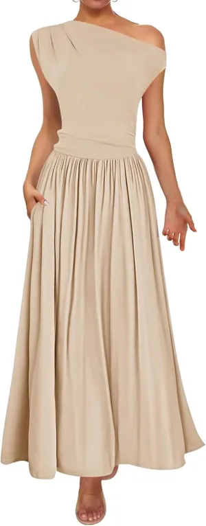 Summer Dresses for Women Trendy One Shoulder Sleeveless Maxi Dress Casual Slim Fit Tunic Ruffle Hem Beach Sundress