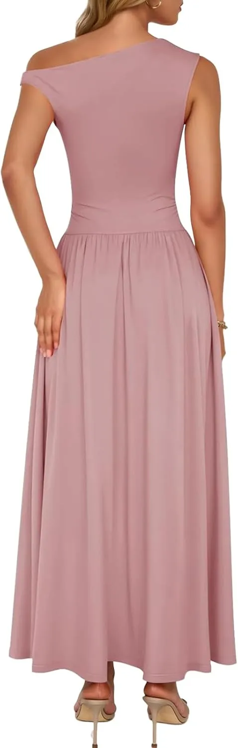 Summer Dresses for Women Trendy One Shoulder Sleeveless Maxi Dress Casual Slim Fit Tunic Ruffle Hem Beach Sundress