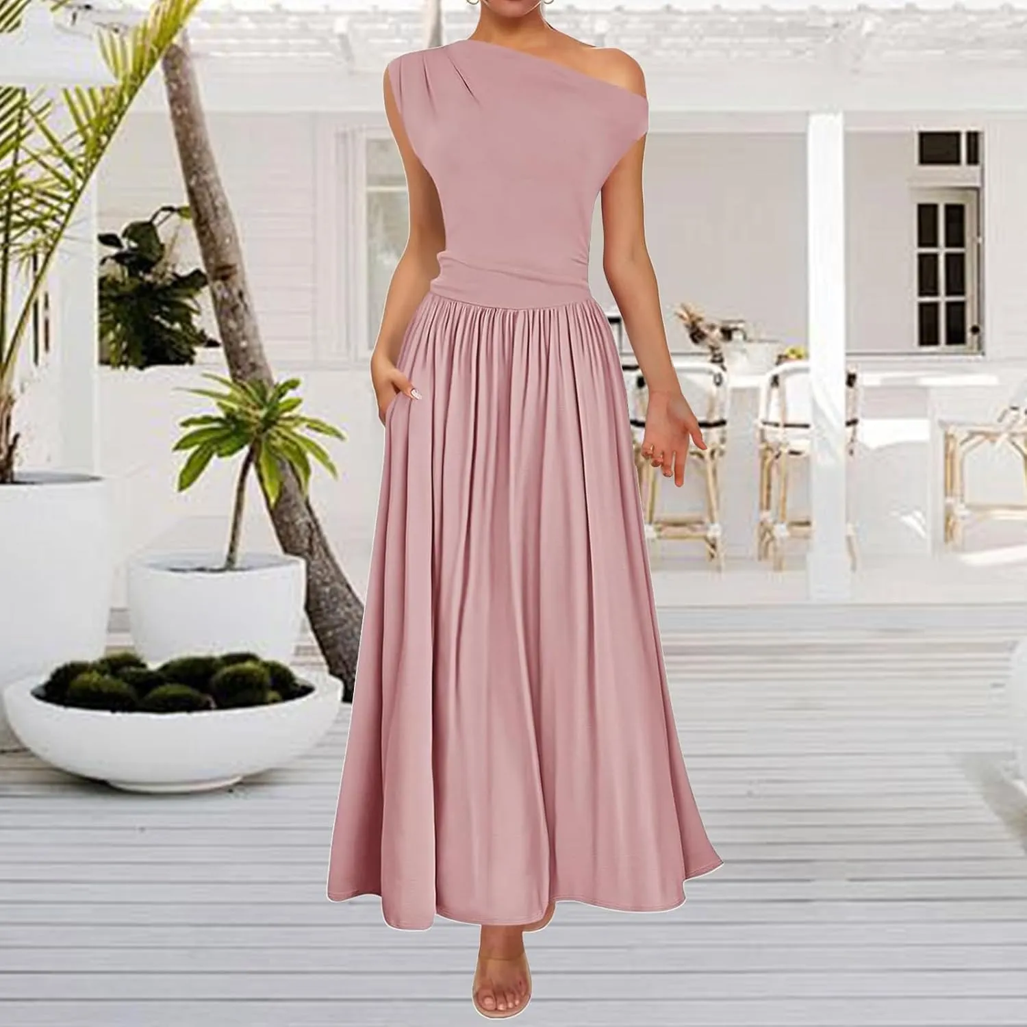 Summer Dresses for Women Trendy One Shoulder Sleeveless Maxi Dress Casual Slim Fit Tunic Ruffle Hem Beach Sundress