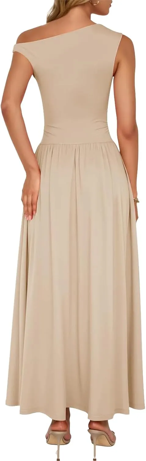 Summer Dresses for Women Trendy One Shoulder Sleeveless Maxi Dress Casual Slim Fit Tunic Ruffle Hem Beach Sundress