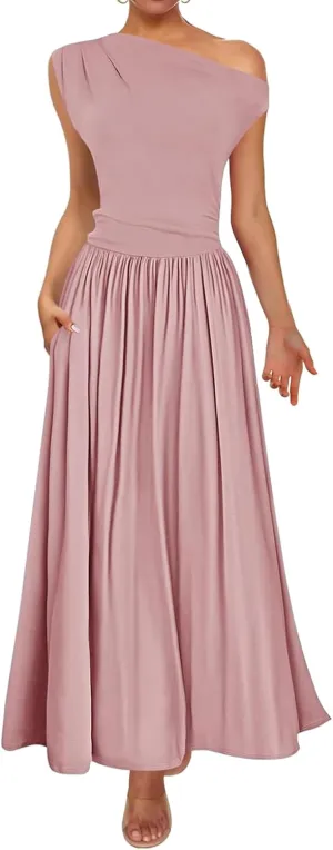 Summer Dresses for Women Trendy One Shoulder Sleeveless Maxi Dress Casual Slim Fit Tunic Ruffle Hem Beach Sundress