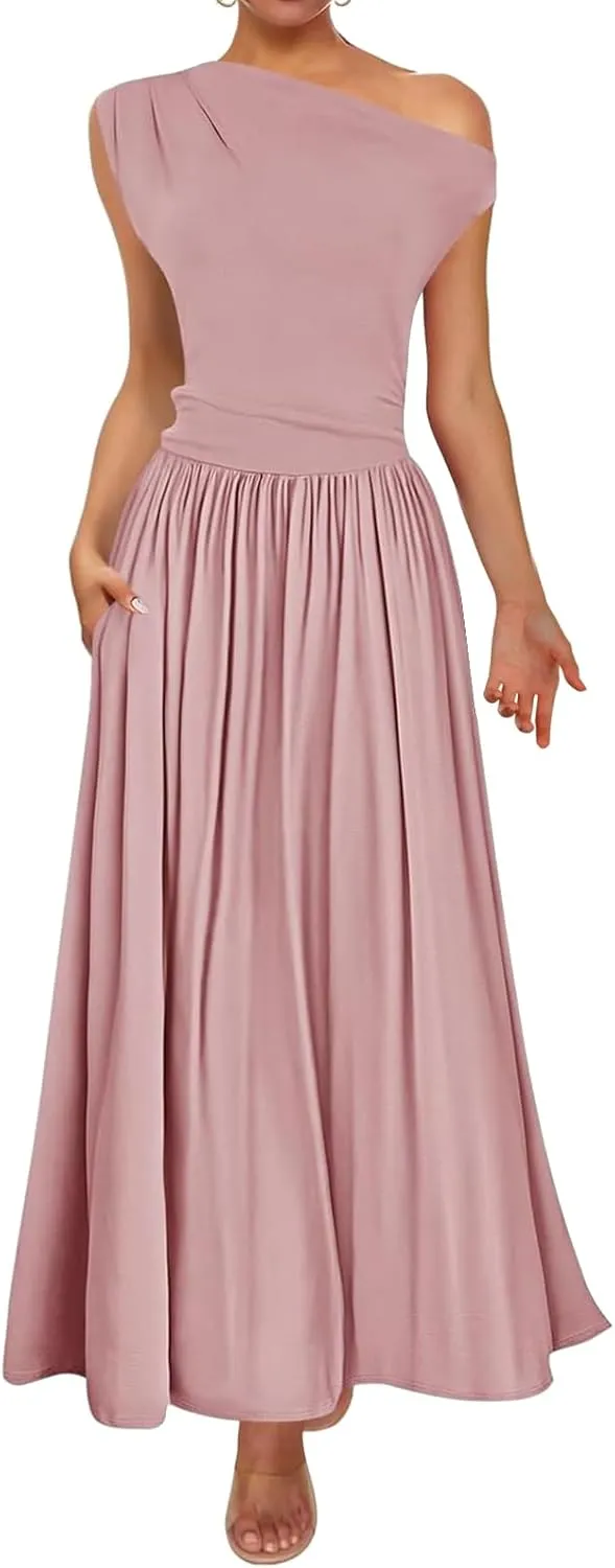 Summer Dresses for Women Trendy One Shoulder Sleeveless Maxi Dress Casual Slim Fit Tunic Ruffle Hem Beach Sundress