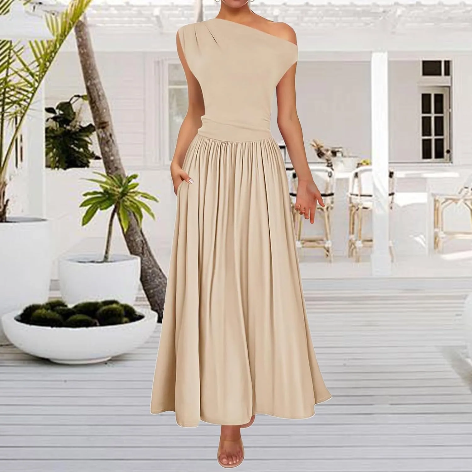 Summer Dresses for Women Trendy One Shoulder Sleeveless Maxi Dress Casual Slim Fit Tunic Ruffle Hem Beach Sundress