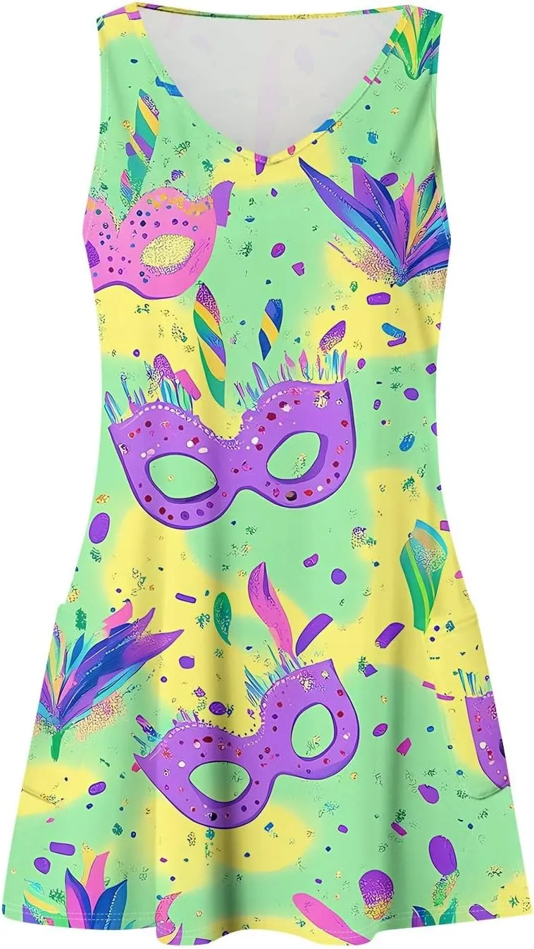 Summer Dresses for Women V Neck Sleeveless Dress with Pocket 2025 Beach Sundress Printed Casual Swimsuit Coverup