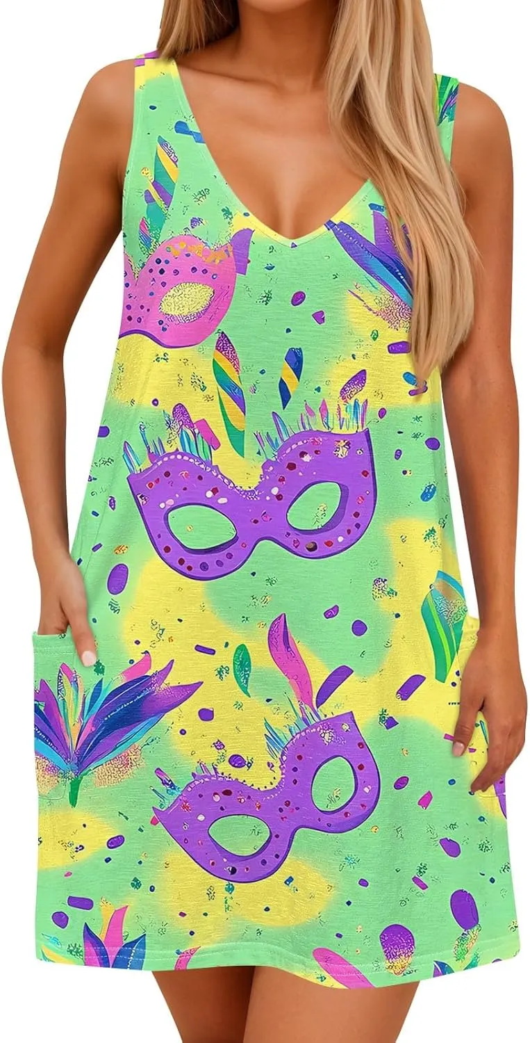 Summer Dresses for Women V Neck Sleeveless Dress with Pocket 2025 Beach Sundress Printed Casual Swimsuit Coverup