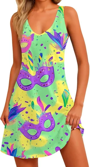 Summer Dresses for Women V Neck Sleeveless Dress with Pocket 2025 Beach Sundress Printed Casual Swimsuit Coverup