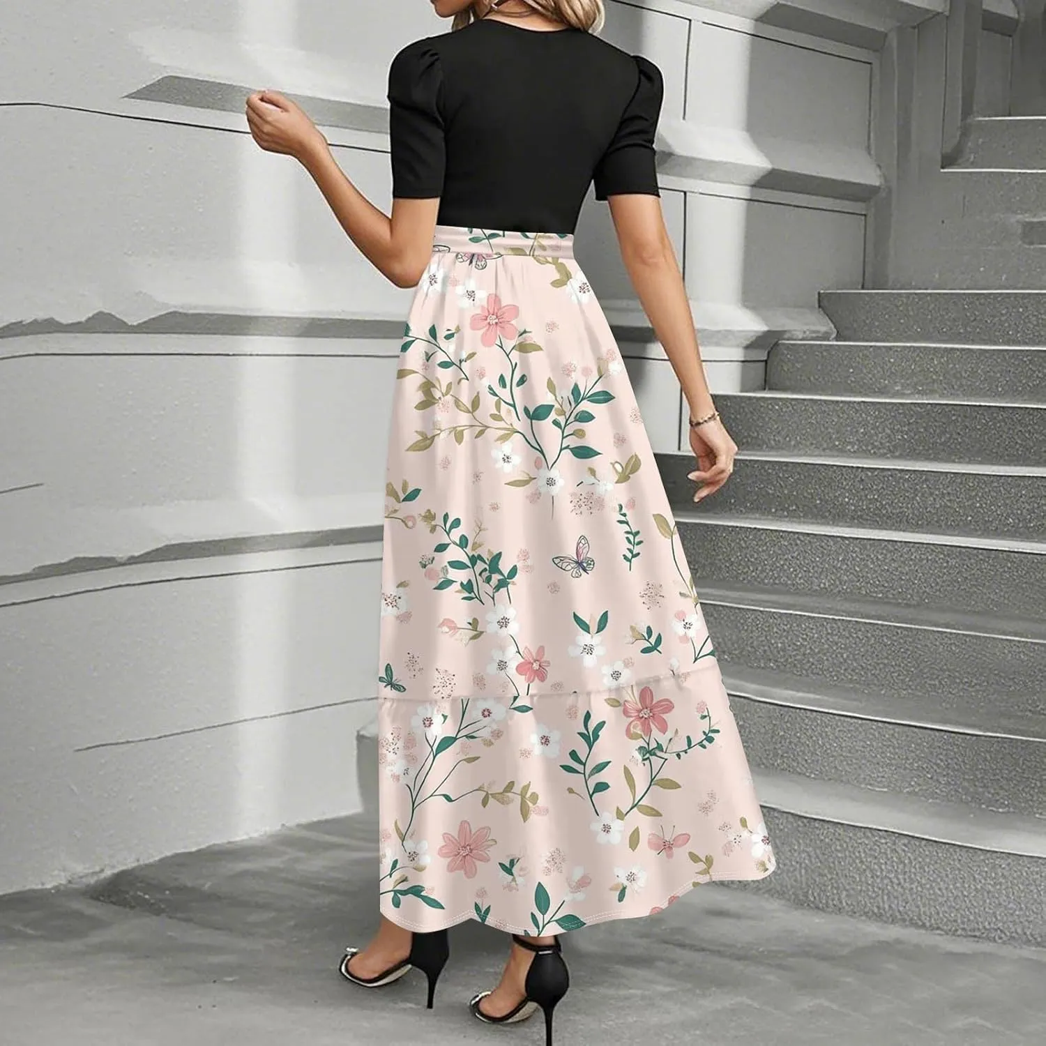 Summer Dresses for Women- Women's Casual Short Sleeve Ruffle Hem Dress Round Neck High Waist A Line Midi Dresses