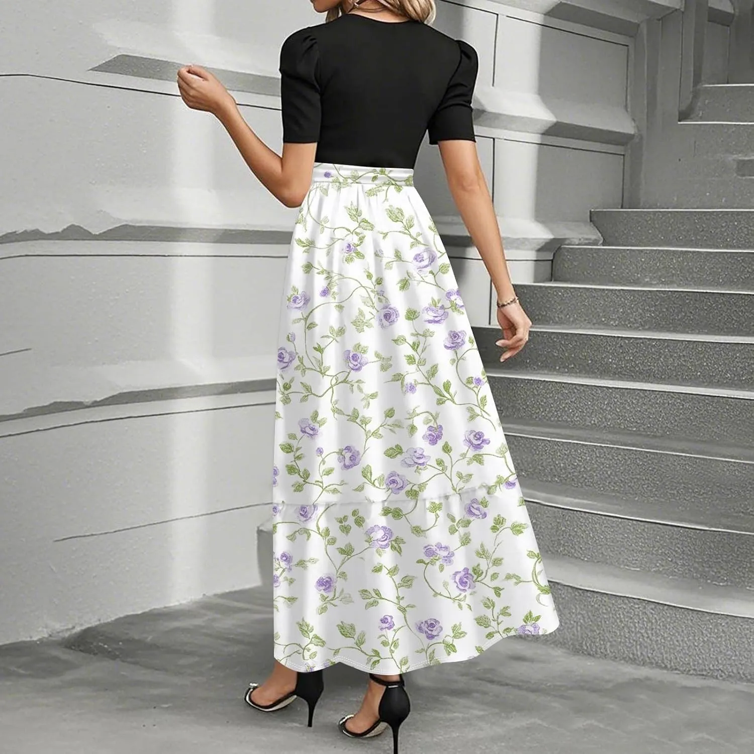 Summer Dresses for Women- Women's Casual Short Sleeve Ruffle Hem Dress Round Neck High Waist A Line Midi Dresses