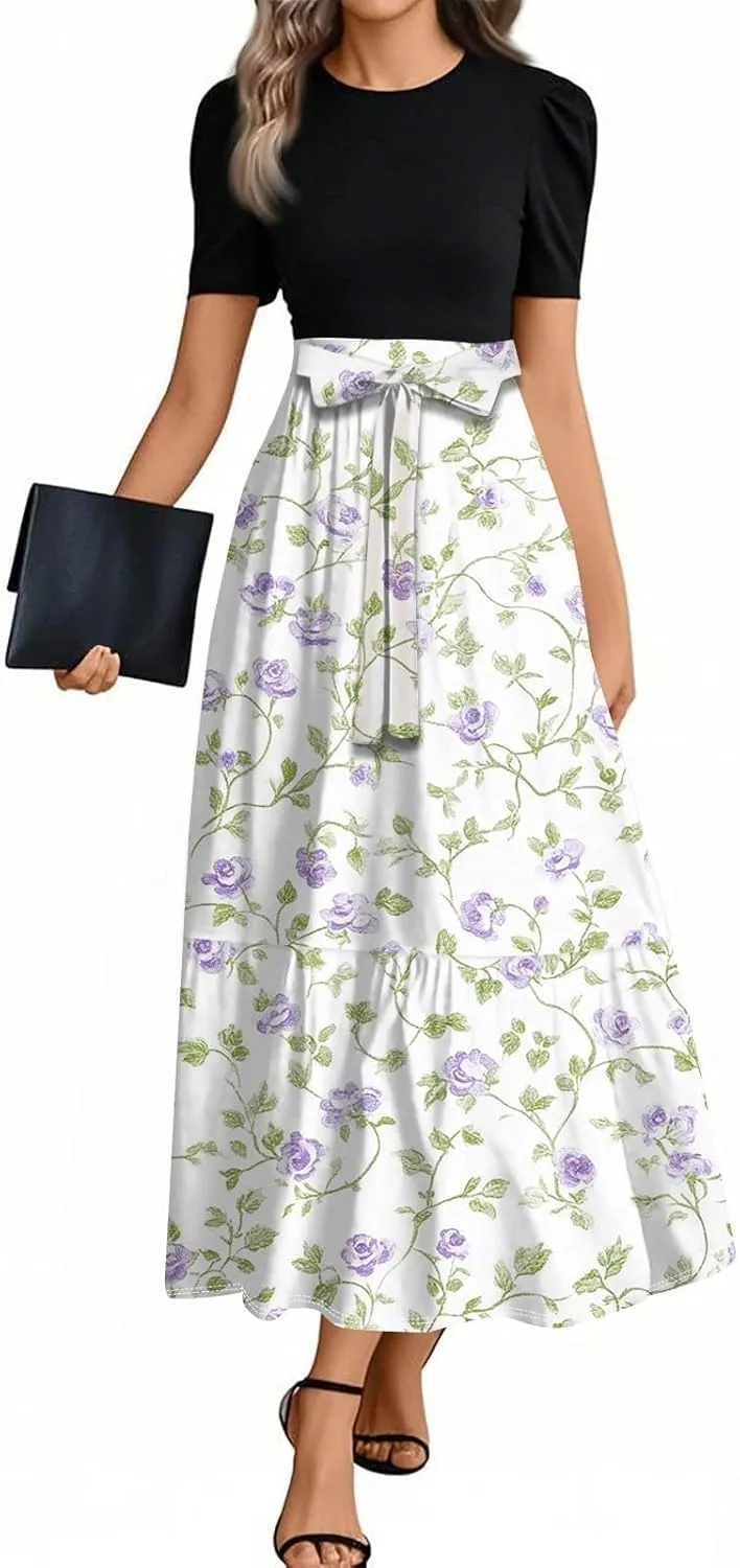 Summer Dresses for Women- Women's Casual Short Sleeve Ruffle Hem Dress Round Neck High Waist A Line Midi Dresses