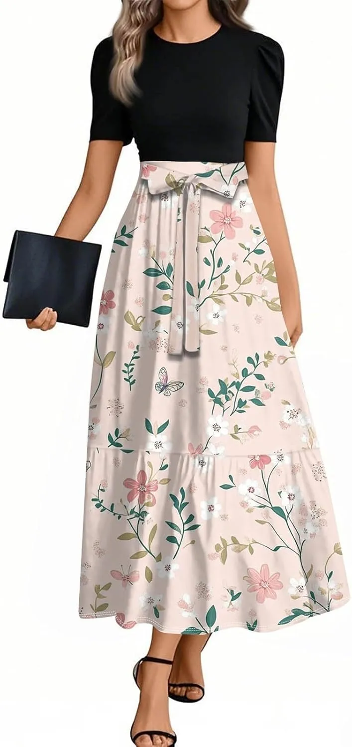 Summer Dresses for Women- Women's Casual Short Sleeve Ruffle Hem Dress Round Neck High Waist A Line Midi Dresses