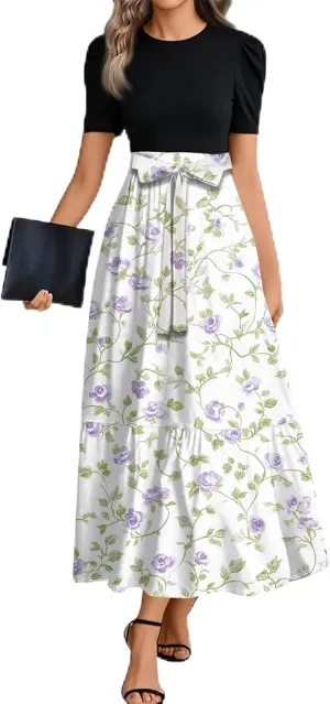 Summer Dresses for Women- Women's Casual Short Sleeve Ruffle Hem Dress Round Neck High Waist A Line Midi Dresses