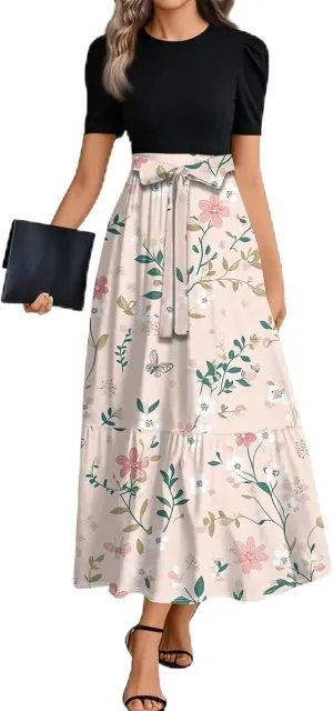 Summer Dresses for Women- Women's Casual Short Sleeve Ruffle Hem Dress Round Neck High Waist A Line Midi Dresses