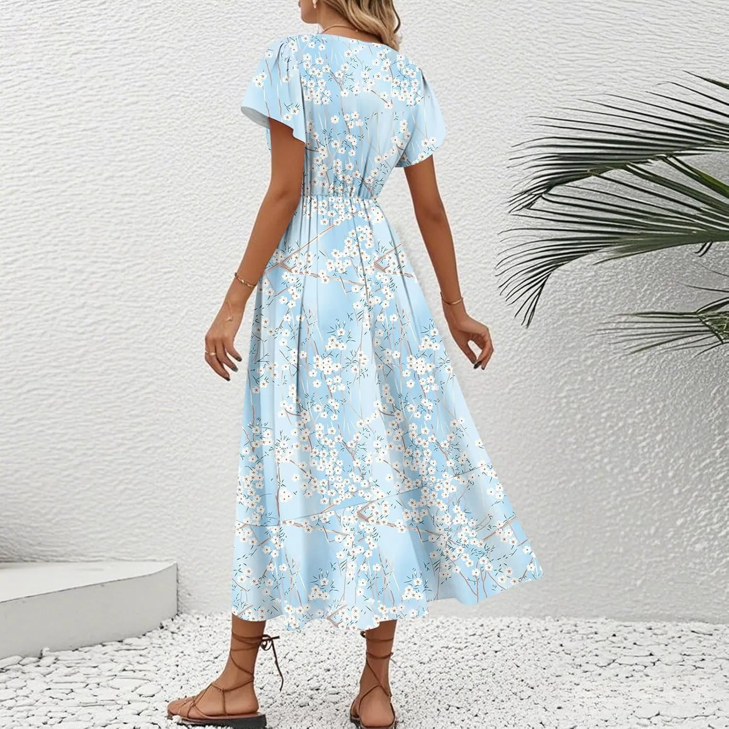 Summer Floral Dresses for Women 2025 Maxi V Neck Short Flutter Sleeve Wrap Tie Empire Waist Long Flowy Ruffle A Line Dress