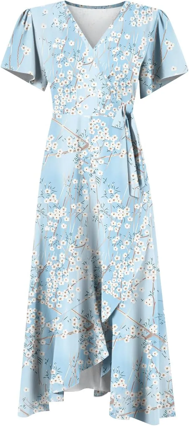 Summer Floral Dresses for Women 2025 Maxi V Neck Short Flutter Sleeve Wrap Tie Empire Waist Long Flowy Ruffle A Line Dress