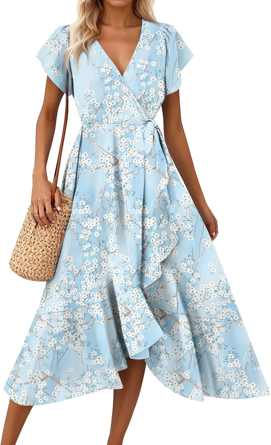 Summer Floral Dresses for Women 2025 Maxi V Neck Short Flutter Sleeve Wrap Tie Empire Waist Long Flowy Ruffle A Line Dress