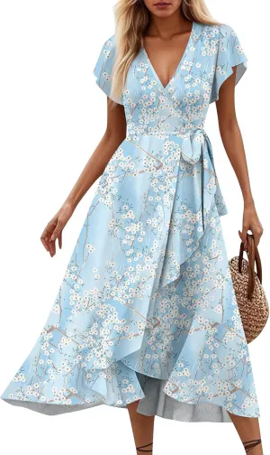 Summer Floral Dresses for Women 2025 Maxi V Neck Short Flutter Sleeve Wrap Tie Empire Waist Long Flowy Ruffle A Line Dress