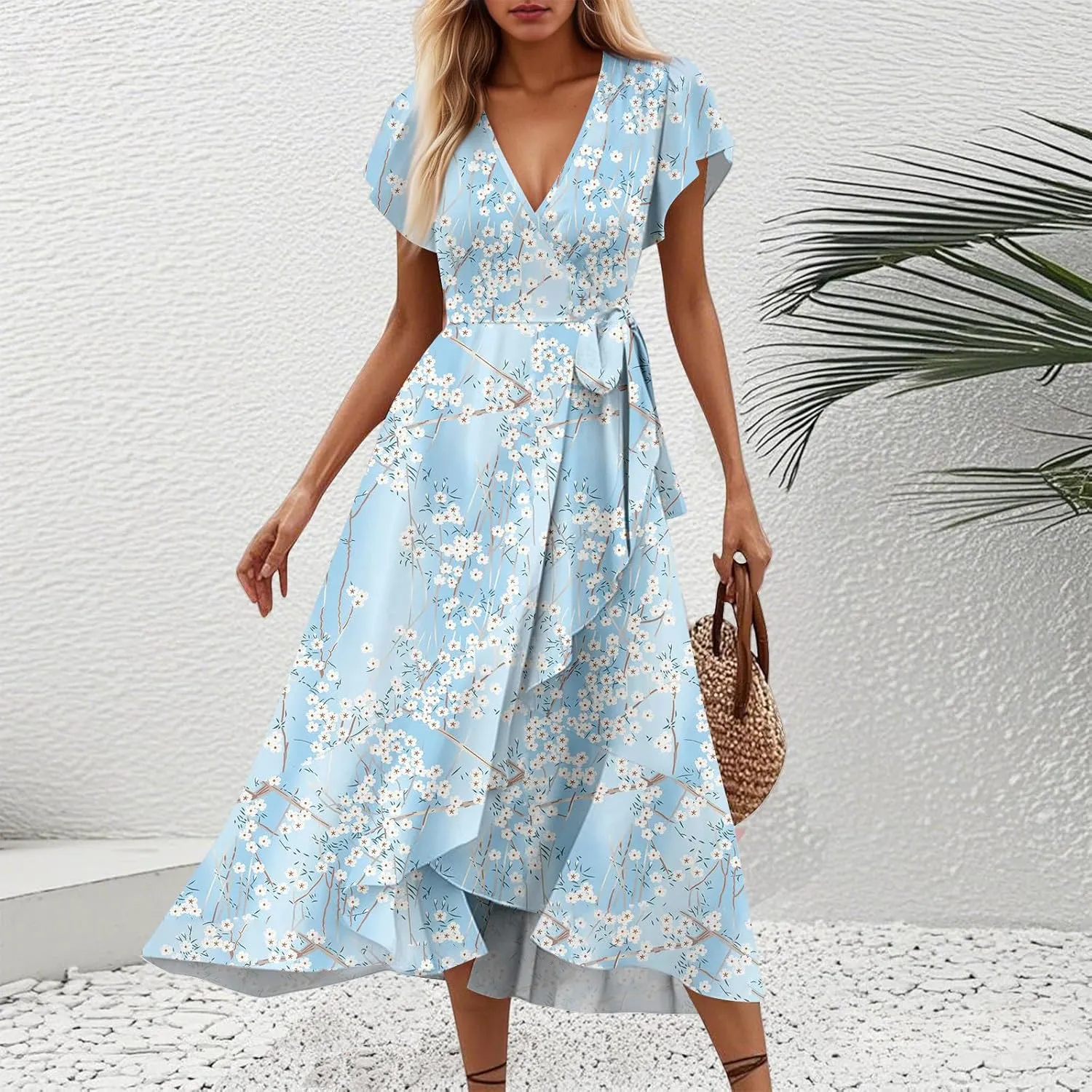Summer Floral Dresses for Women 2025 Maxi V Neck Short Flutter Sleeve Wrap Tie Empire Waist Long Flowy Ruffle A Line Dress