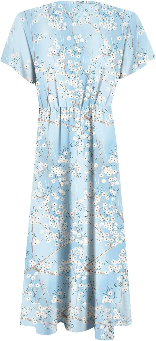 Summer Floral Dresses for Women 2025 Maxi V Neck Short Flutter Sleeve Wrap Tie Empire Waist Long Flowy Ruffle A Line Dress