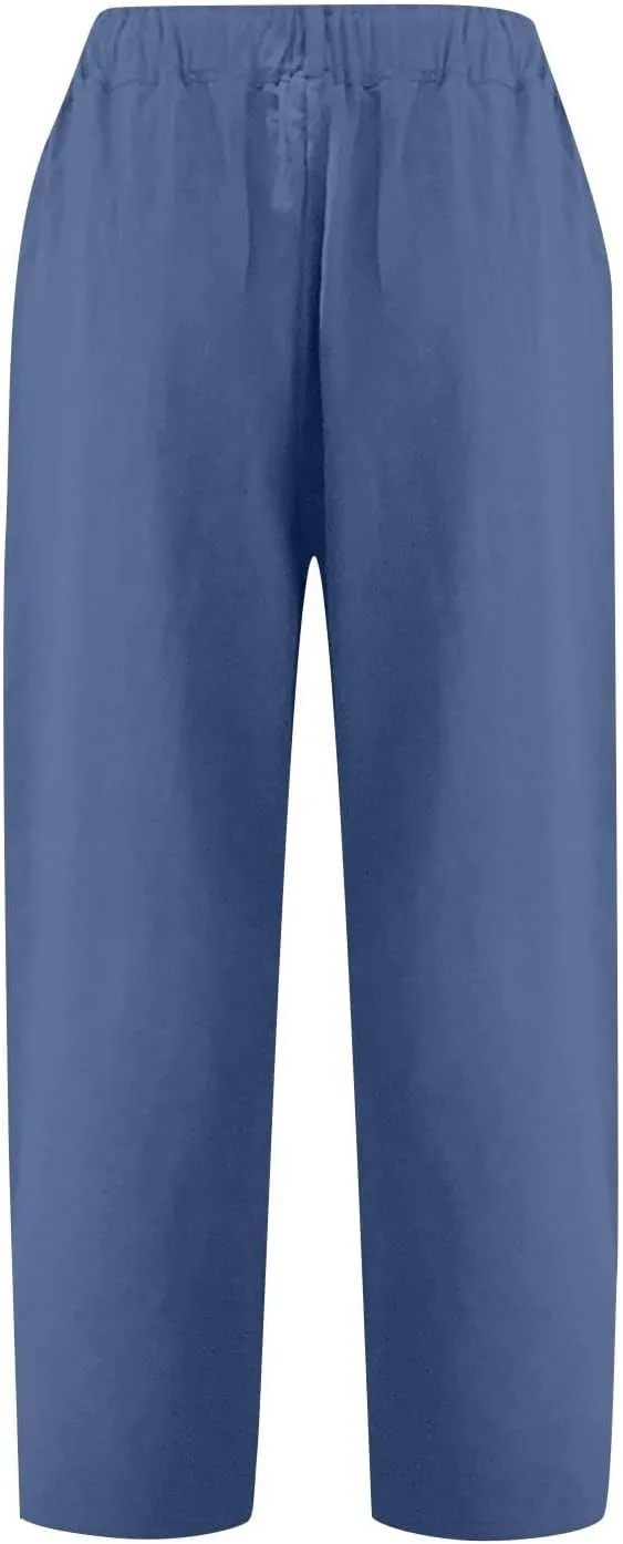 Summer Linen Capri Pants for Women Cropped Wide Leg Sweatpants High Waisted Capris Pants Comfy Lounge Pant with Pockets