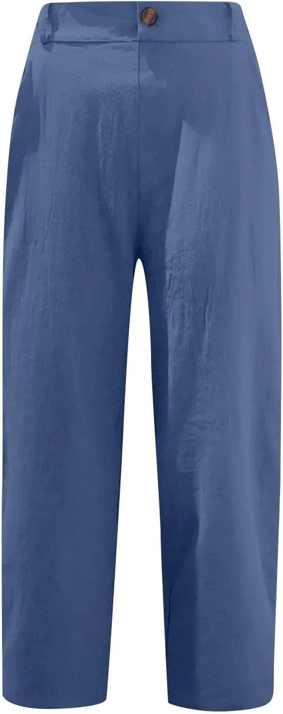 Summer Linen Capri Pants for Women Cropped Wide Leg Sweatpants High Waisted Capris Pants Comfy Lounge Pant with Pockets