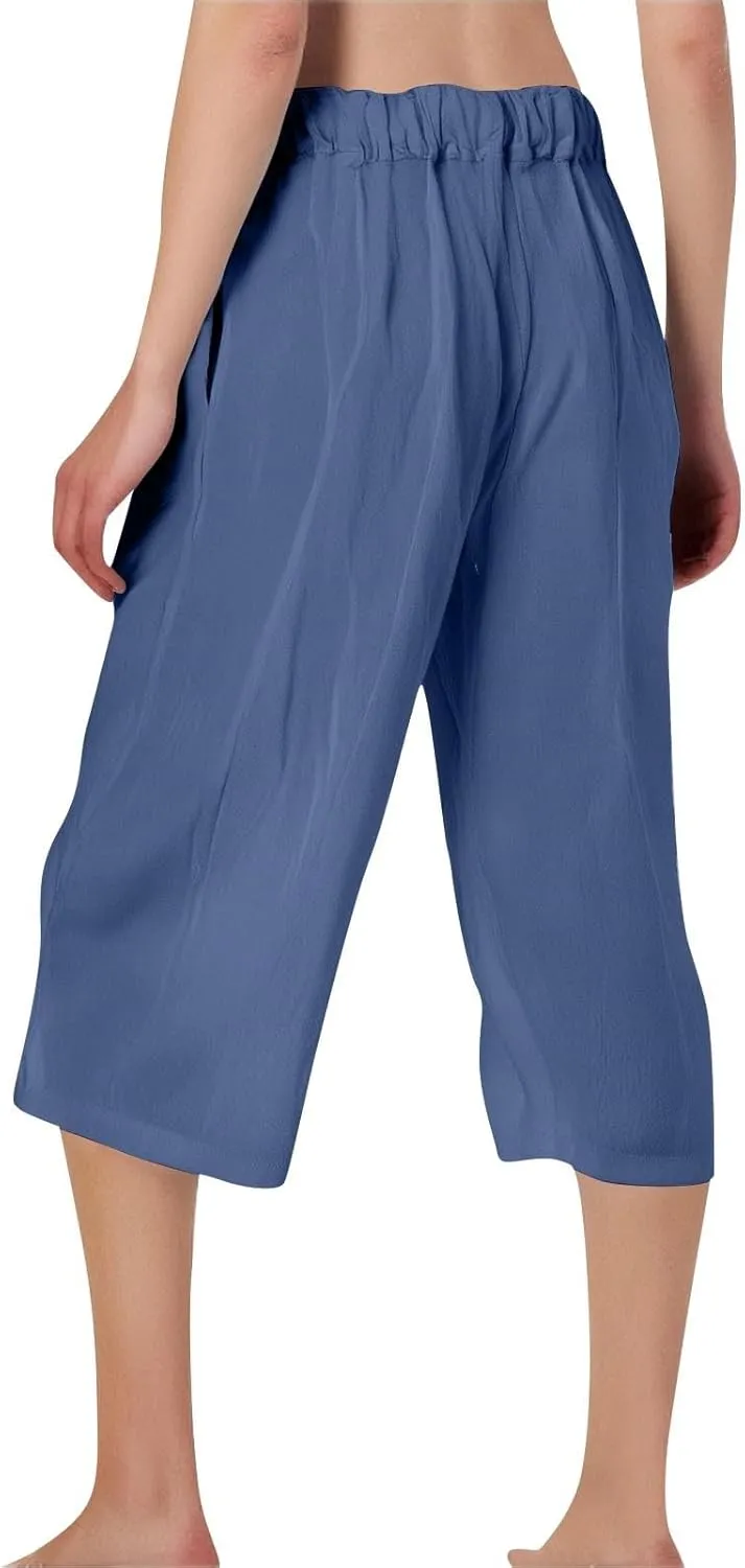 Summer Linen Capri Pants for Women Cropped Wide Leg Sweatpants High Waisted Capris Pants Comfy Lounge Pant with Pockets