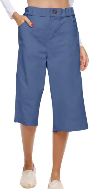 Summer Linen Capri Pants for Women Cropped Wide Leg Sweatpants High Waisted Capris Pants Comfy Lounge Pant with Pockets