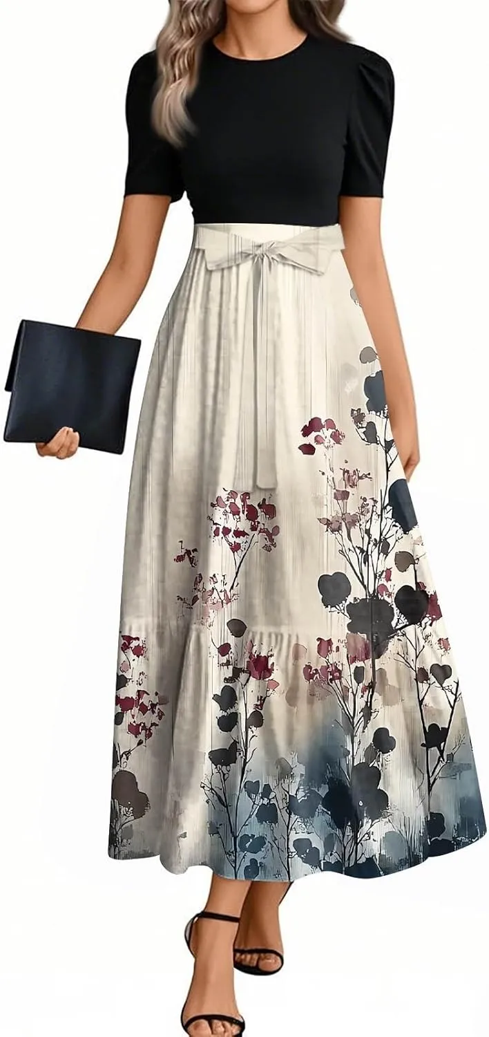 Summer Maxi Dress Church Dresses for Women 2025 Short Sleeve Crewneck Empire Waist Dress Aline Flowy Vacation Dresses